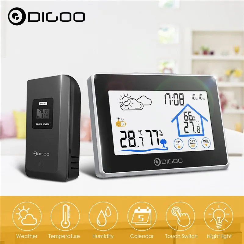 Digoo DG-TH8380 сенсорная комнатная уличная Метеостанция+ 100 м датчик погоды Термометр гигрометр метр календарь 3CH подсветка - Цвет: Черный