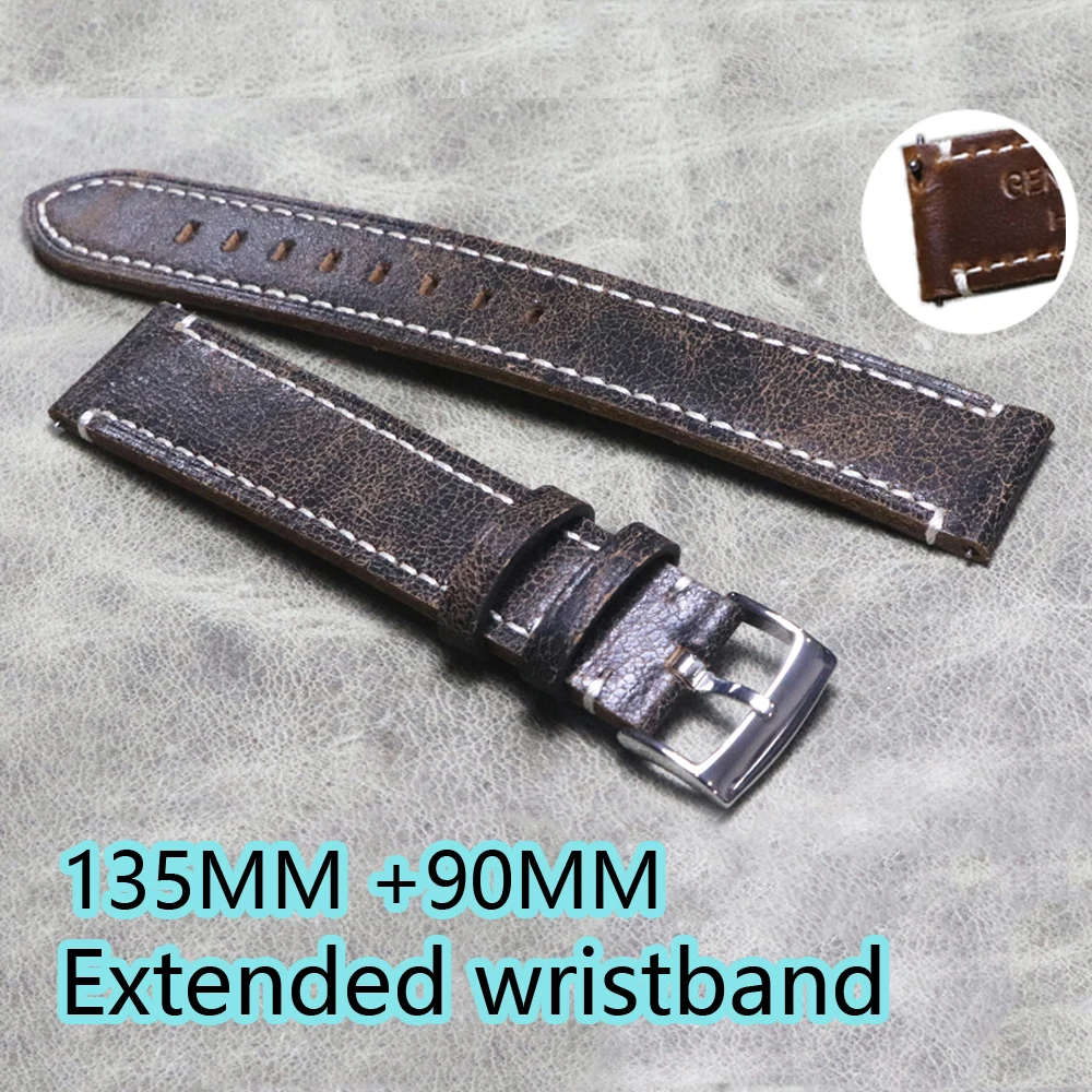 

Long strap Watchbands Retro Genuine Leather Brown 20 22mm Lengthened Wristband Strap Metal Pin Buckle Accessories Quick release
