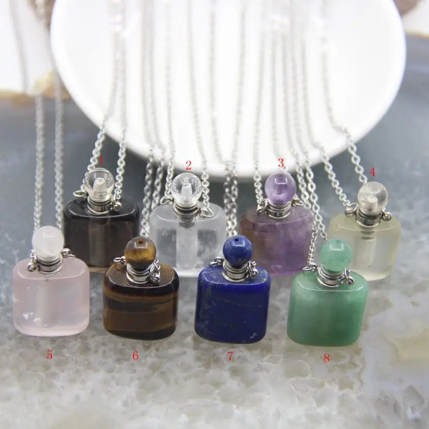 

Rectangle Tiger Eye/Lazuli/Amethysts Perfume Bottle Pendant Necklace,Smoky/Rose/Lemon/White Quartz Essential Oil Diffuser Vial