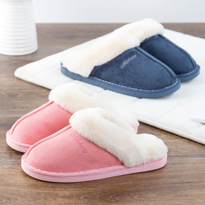 Women Furry Slippers Winter House Fur Women Slippers Faux Suede Upper Warm Plush Couples Cotton Casual Shoes Indoor Non-slip