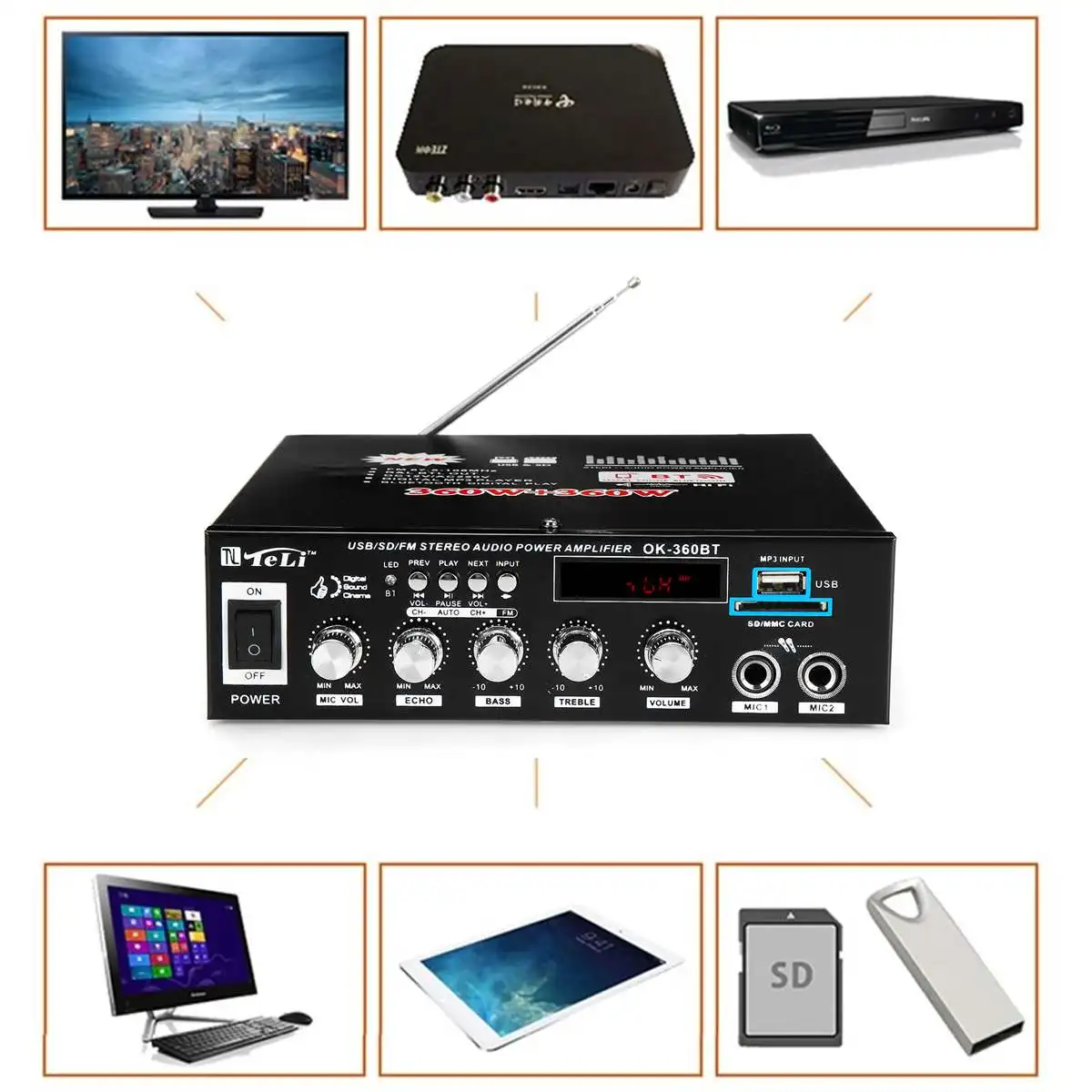 

EU Plug Audio Power Amplifier bluetooth 110V/220V DC 12V Car Home Theater Amplifiers 2.0 hifi speaker SD USB AUX input with RC