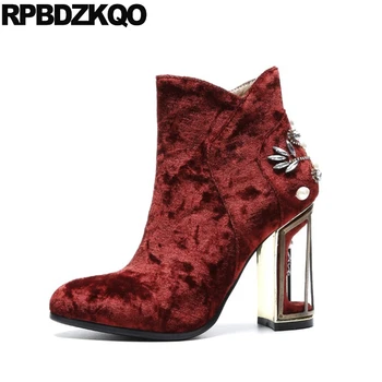 

shoes metal heel boots big size velvet rhinestone pointed toe wine red chunky high 10 women wedding crossdresser diamond booties
