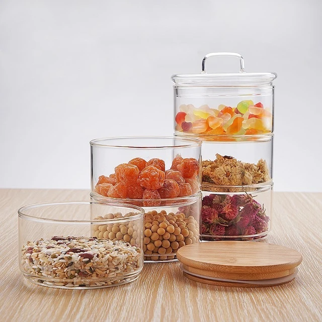 Stackable Glass Jars with Bamboo Tray, Glass Food Storage Containers with Bamboo  Lids, Glass Jars for Pantry Food Storage, Glass Canisters with airtight lids,  Glass Pantry Container Set with 