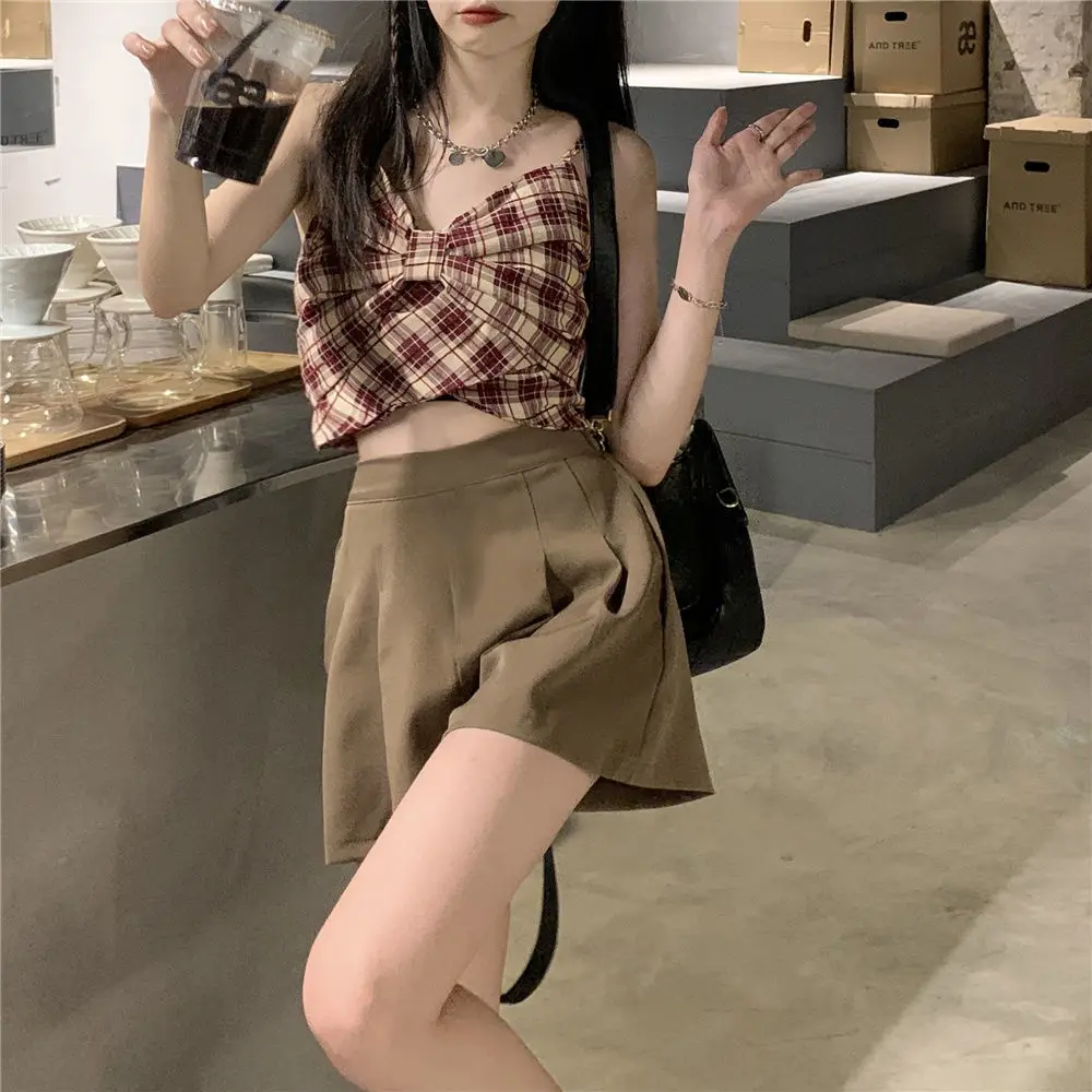 lounge wear Shorts Sets Women Sexy Fashion Camis Plaid Bow Wide Leg Coffee High Waist Comfort Street Harajuku Leisure Korean Style Summer plus size sweat suits