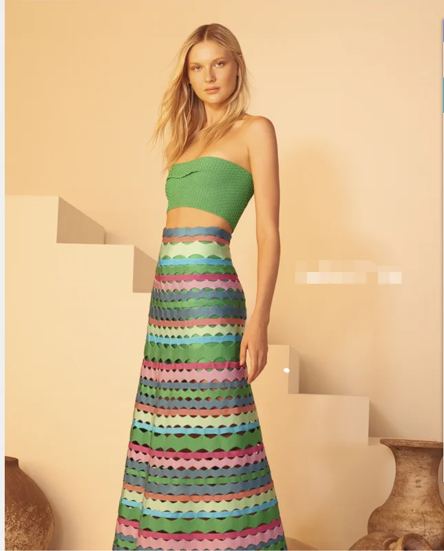 

High Quality Green Striped 2 Pieces Set Long Elegant Rayon Bandage Dress Evening Party Dress