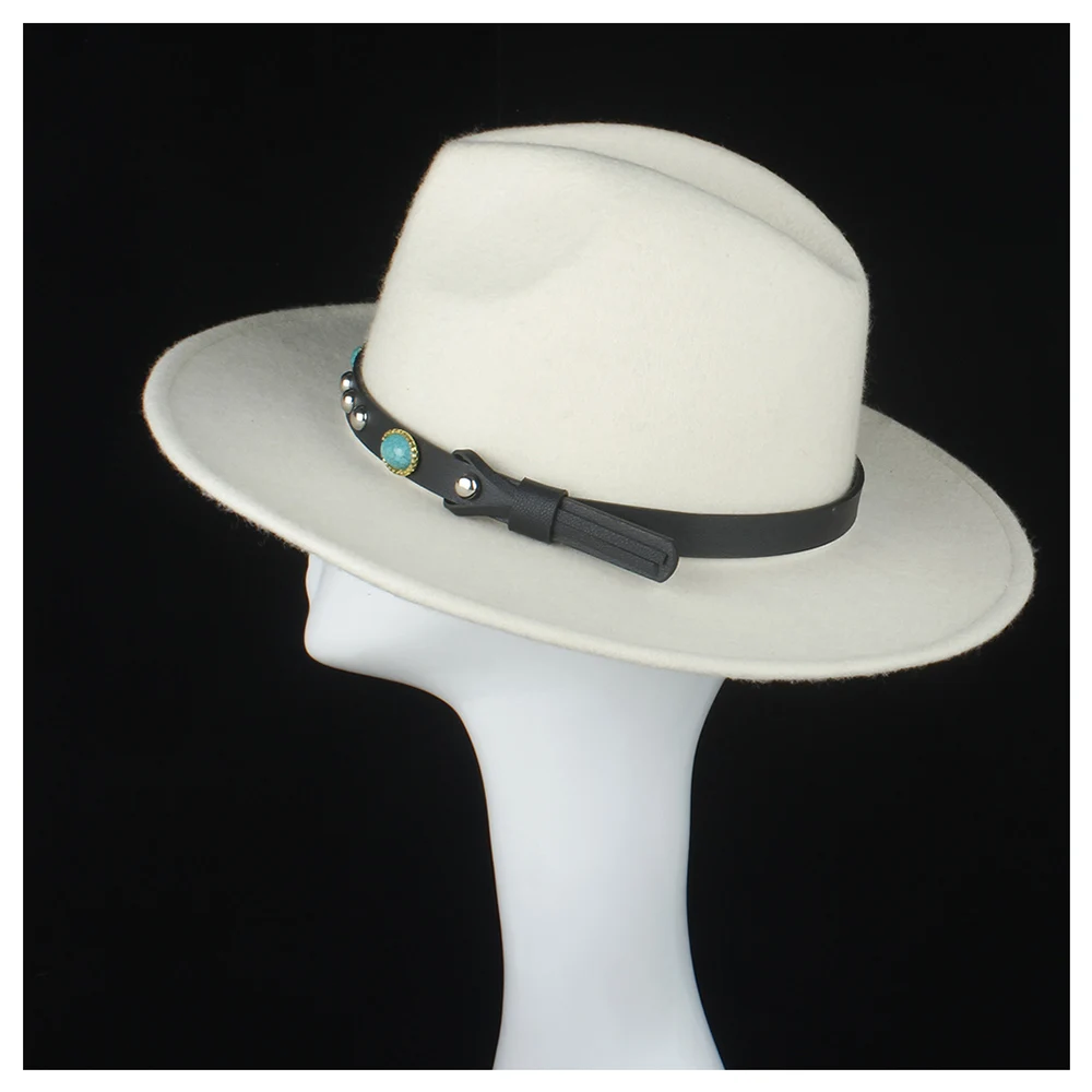 Шерсть женская белая шляпа Fedora с поясом Трилби шляпка для церкви элегантные женские вечерние джазовые шляпы женская шляпа размер 56-58 см