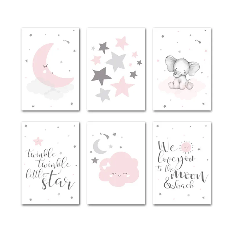 6 pcs Set Розовый Луна слон мультфильм детский плакат Детские стихи отпечатанная на холсте Картина Настенная живопись скандинавский ребенок девочка декоративная картина для дома - Цвет: 6 pcs Set