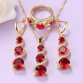 

Nigerian Wedding Red Garnet Jewelry Sets Gold-Color African Women Bridal Costume Necklace And Earrings Sets