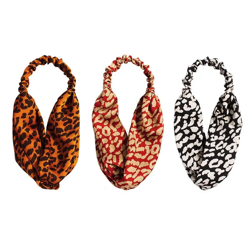 Womens Imitation Silk Scrunchies Headbands Hair Ties Accessories Vintage Leopard Animal Print Cross Knotted Wide Turban 2