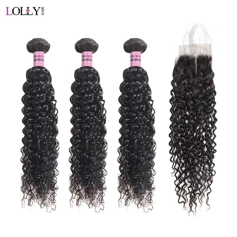 Лолли вьющиеся волосы пучки с закрытием не Реми человеческие 3 пучка кружевной
