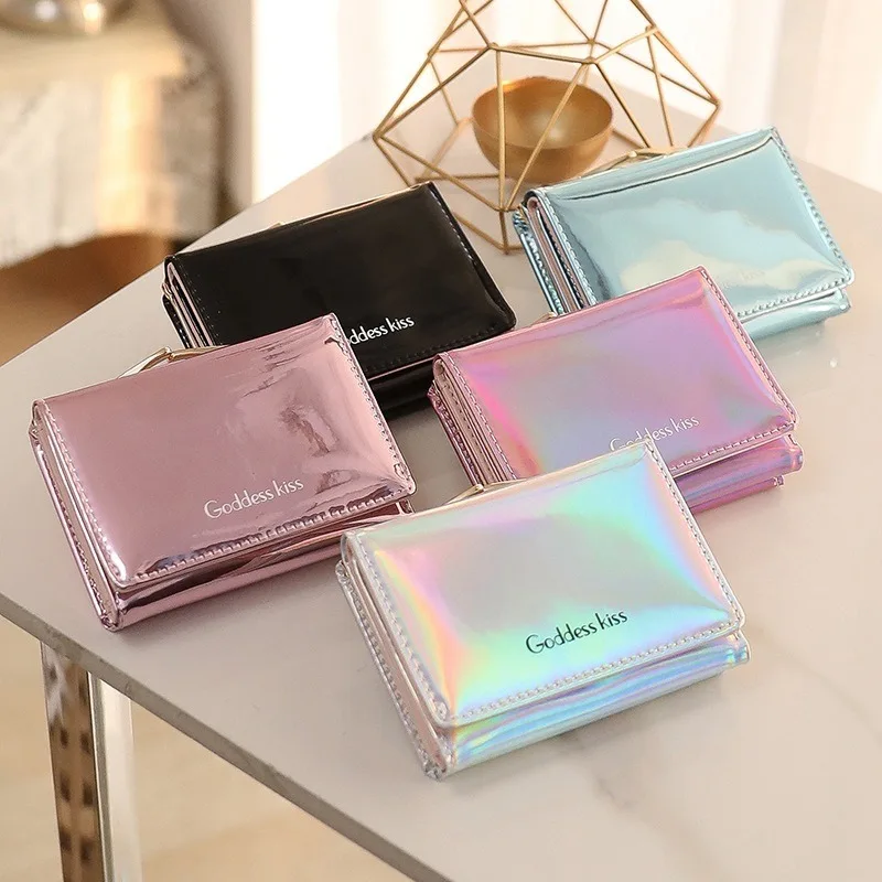 

2019 Newest Women Wallet Leather Short Small Coin Purse Wallet Ladies Folding Card Card Holder Laser Colorful Wallets Carteira