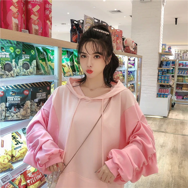Ulzzang Harajuku Kawaii длинные толстовки Толстовка женская одежда зимняя Корейская Милая негабаритная толстовка с карманом толстовка с капюшоном для школьниц