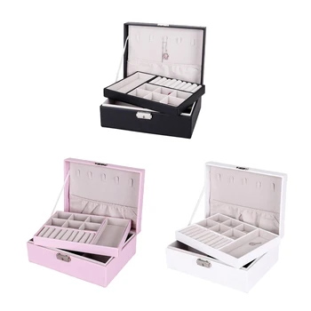 

Jewelry Box Organizer Dual Layer Storage Case Leather Box for Rings w/ Lock