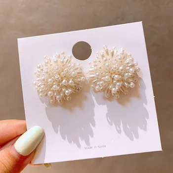 

2020 Korean New Trendy Handmade Fireworks Flower Small Pearl Big Stud Earrings For Women Fashion Bijoux Elegant Pendientes