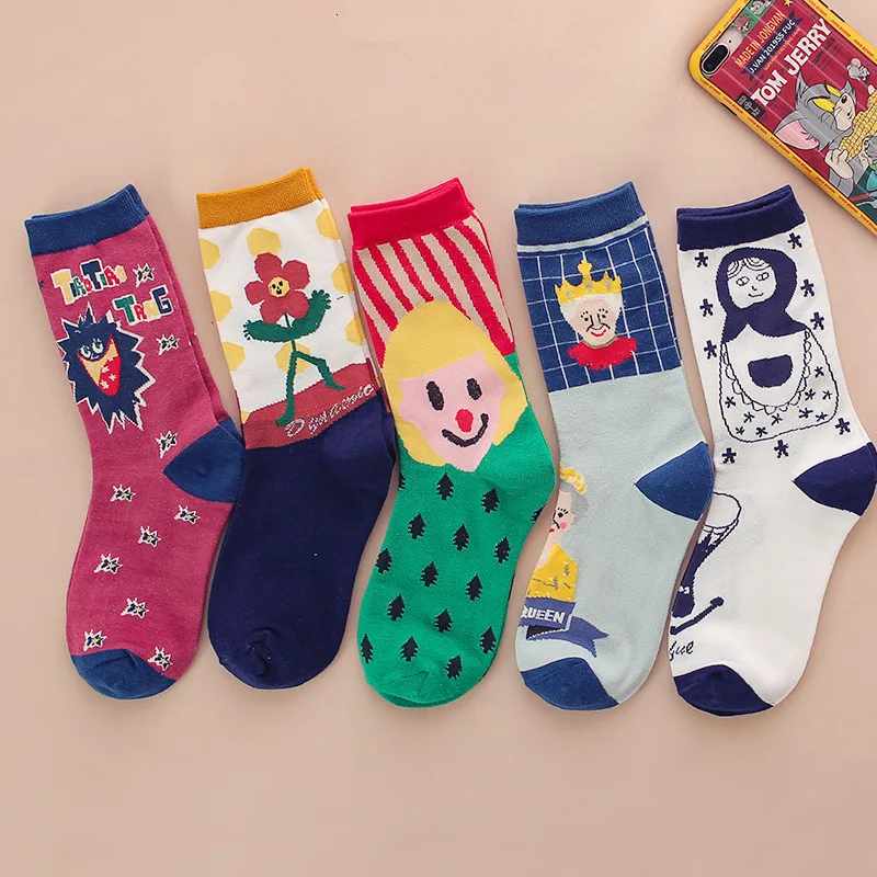 SP&CITY 5Pairs Women Winter Cartoon Funny Patterned Socks Personal Ankle Cotton King Cute Japan Style Cheap Warm Student Art Sox
