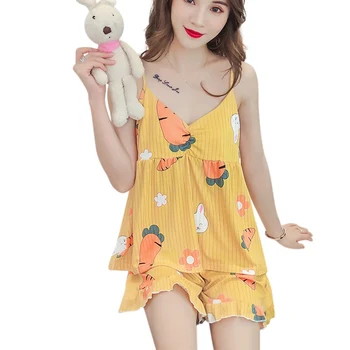 

Women Pajama Sets Cute Summer Cotton Print Sling Chest Pads Sweet Ladies Kawaii Two-piece Home Service Sleepwear