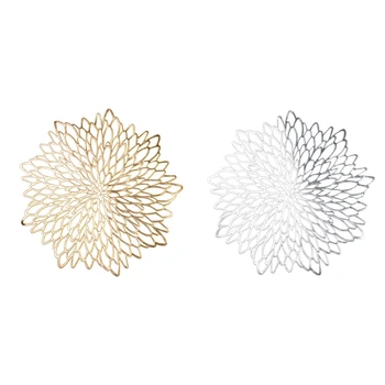 

6PCS PVC Placemat for Dining Table Lace Round Embroidery table place mat Hollow Pad Coaster Pads Table Bowl Mats Gold Silver