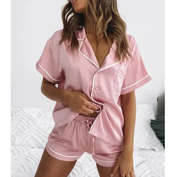 

2020 Spring Autumn Womens Silk Satin Pajamas Pyjamas Set Short Sleeve Sleepwear Pijama Pajamas Suit Female Sleep Two Piece Set