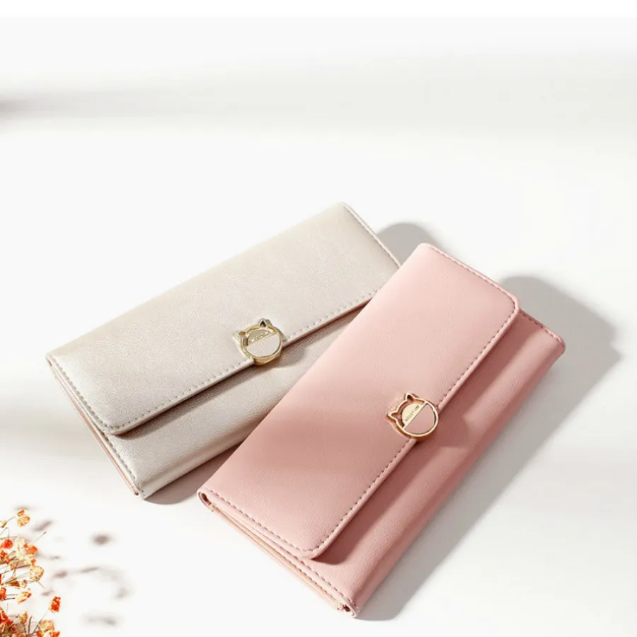 

Simple Solid Color Ladies Long Wallet Fashion Buckle Pu Leather Women's Wallet Multifunctional Design Card Bags Flip Coin Purse