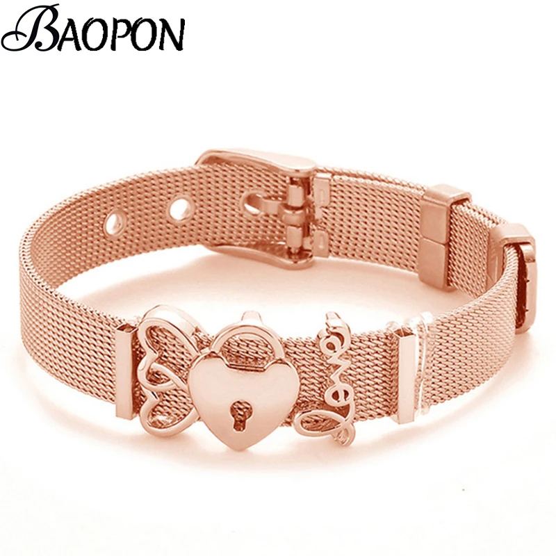 

Couple Jewelry Fashion Stainless Steel Mesh Bracelet Rose Gold Crystal Heart Charms Fit Fine Bracelets Set For Lovers Gift