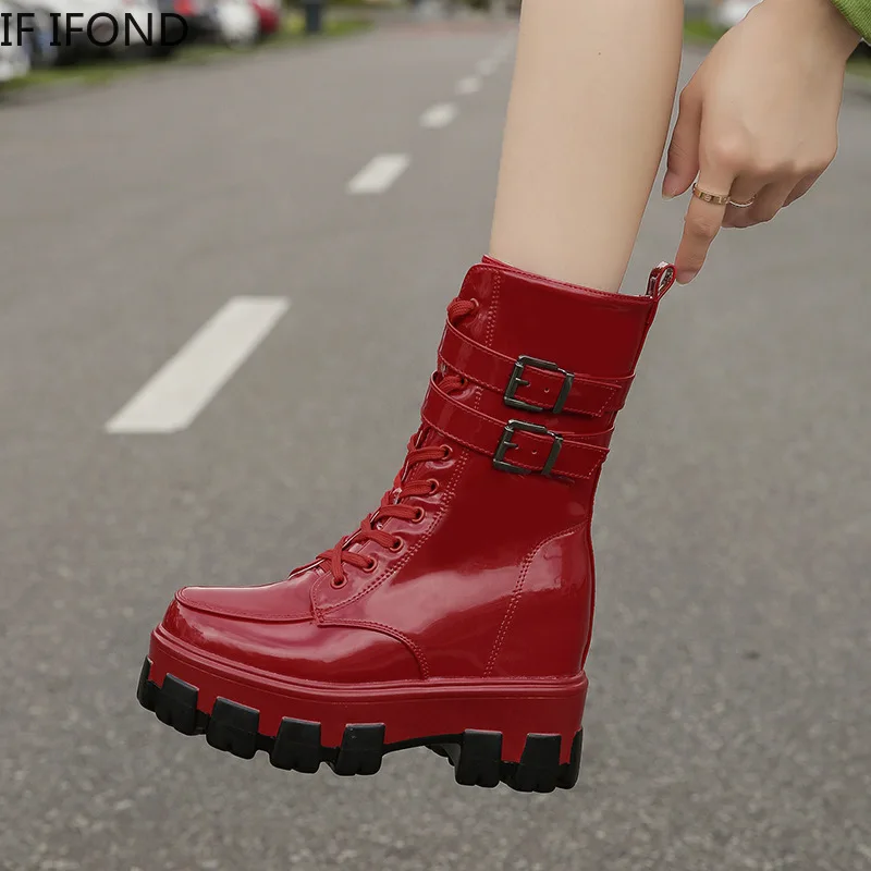 IFOND/Модная обувь на плоской подошве на молнии; женские ботинки из искусственной кожи на платформе и высоком каблуке; водонепроницаемые красочные резиновые сапоги со шнуровкой
