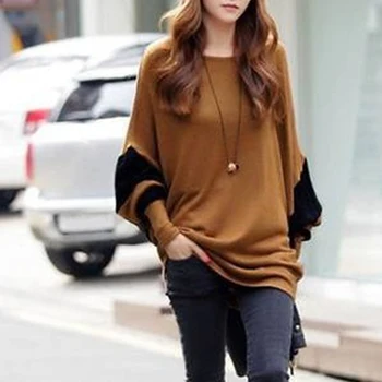 

New Arrival Women Autumn And Winter Casual Long Sleeve Round Neck Loose Stitching Tops Pullover Sweater Free Size
