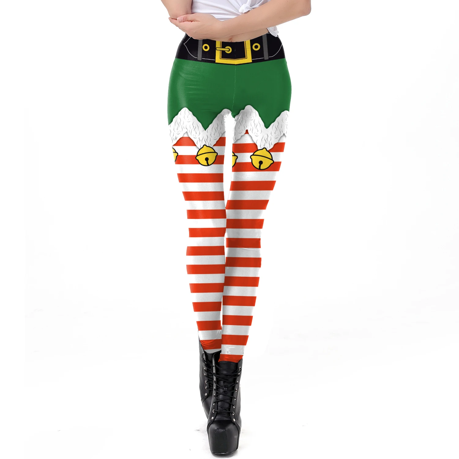 Hirigin, рождественские эльфийские Леггинсы для женщин, карнавал, костюм, ремни, лампочка, полоса, Санта, с принтом, штаны, леггинсы, праздничные подарки