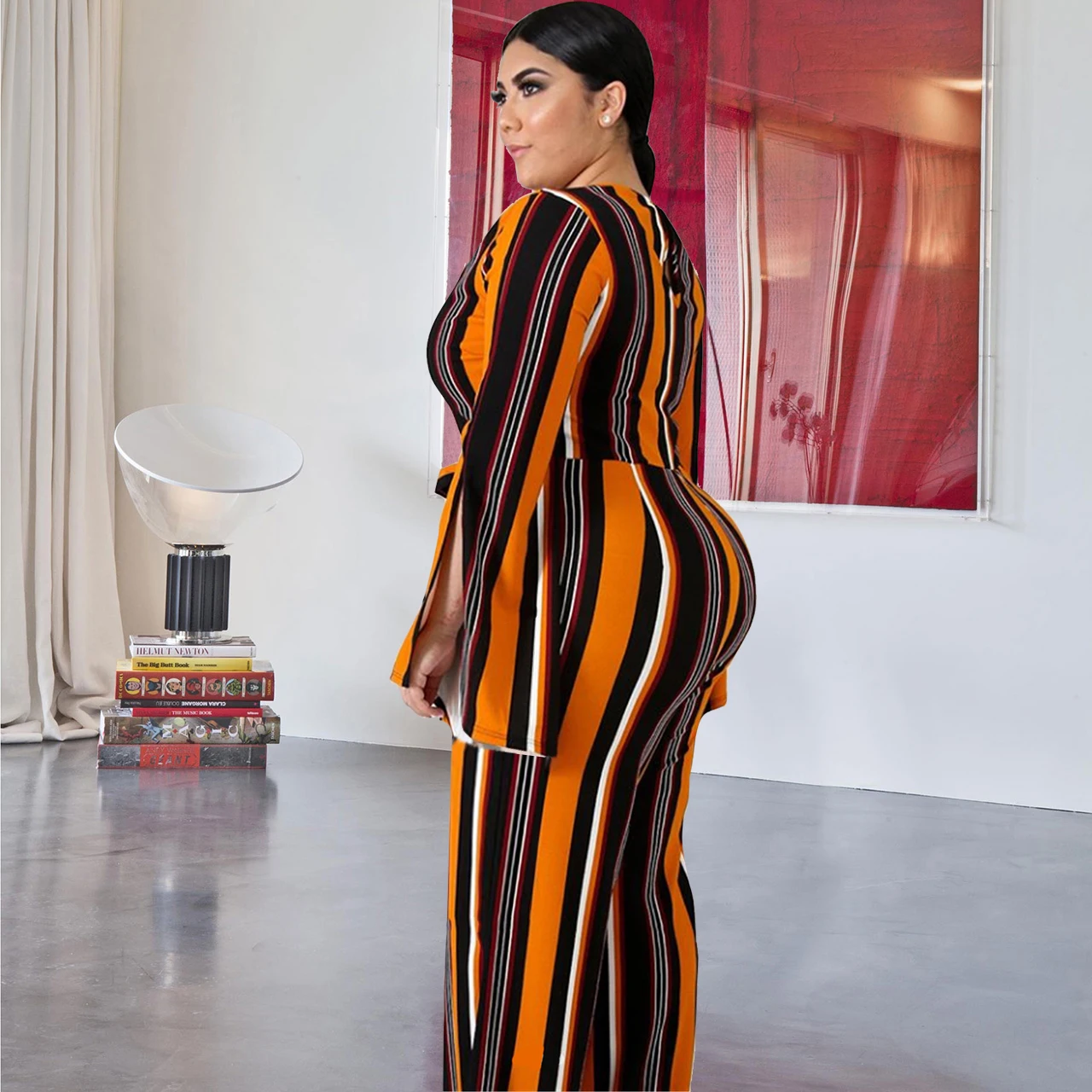 Комбинезон большого размера в полоску с открытым рукавом, сексуальный модный очаровательный повседневный костюм большого размера с поясом для женщин