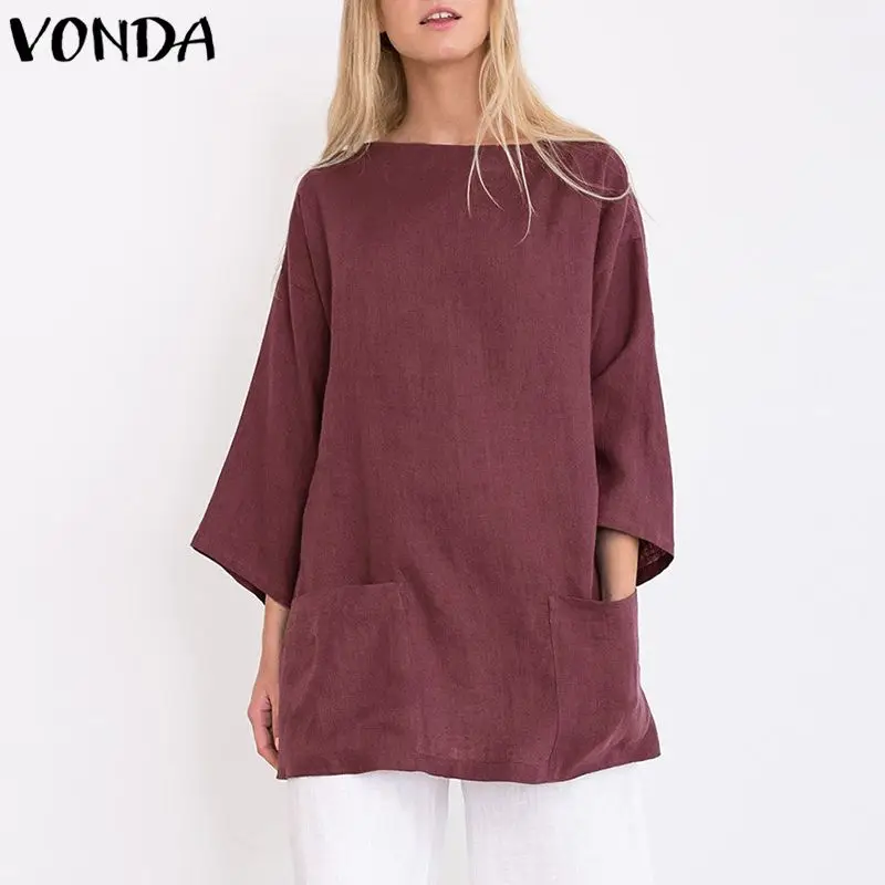Блузки для беременных осень VONDA женские, с расклешенным рукавом однотонные Цвет Свободная рубашка с карманами удлиненная блуза пляжные туники