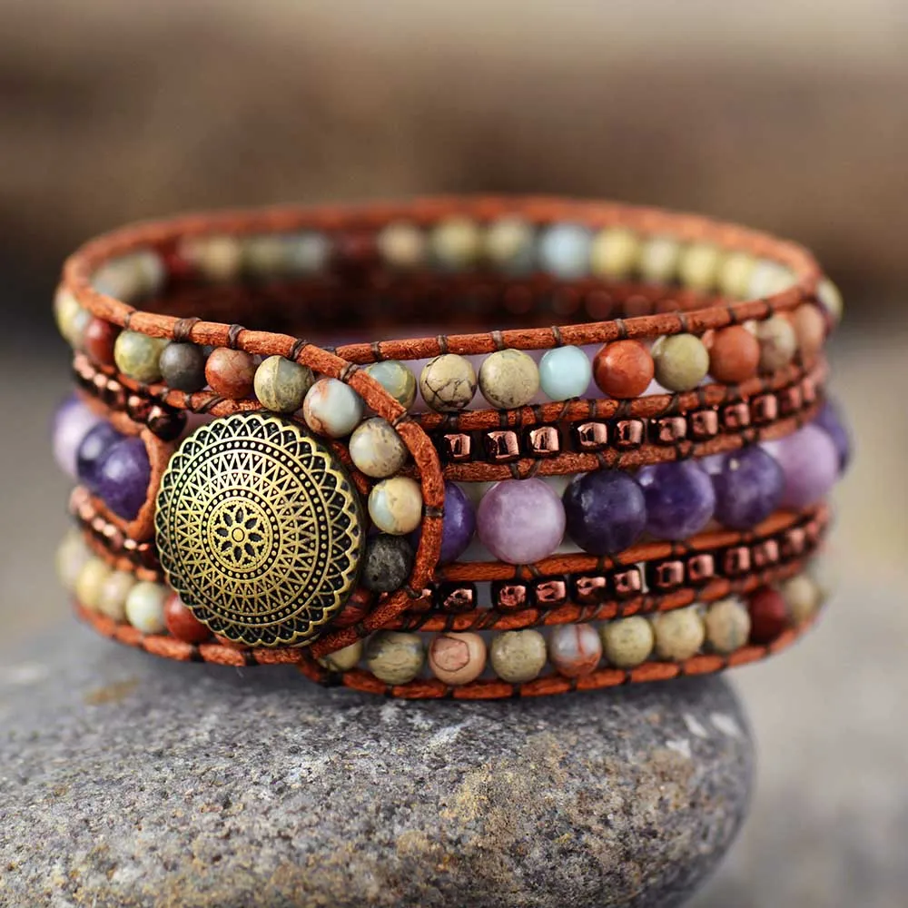 Top Handmade Multi Row Leather Wrap Bracelet Vintage Seed Beads Natural Stone Weaving Cuff Bangles Bracelets Bohemian Jewelry