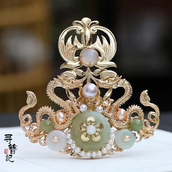 

Classical Hanfu Hair crown Men Gold High Top Crown Peace buckle Pearl Hairpin Headdress Double Dragon Hair crown Cosplay