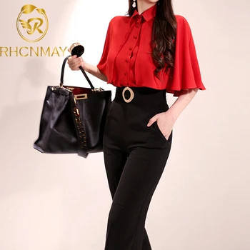 

New Summer Office Ladies 2 Piece Pants Set Women Half Sleeve Chiffon Cloak shirt Tops + Slim Belt Ankle length Trousers Suit