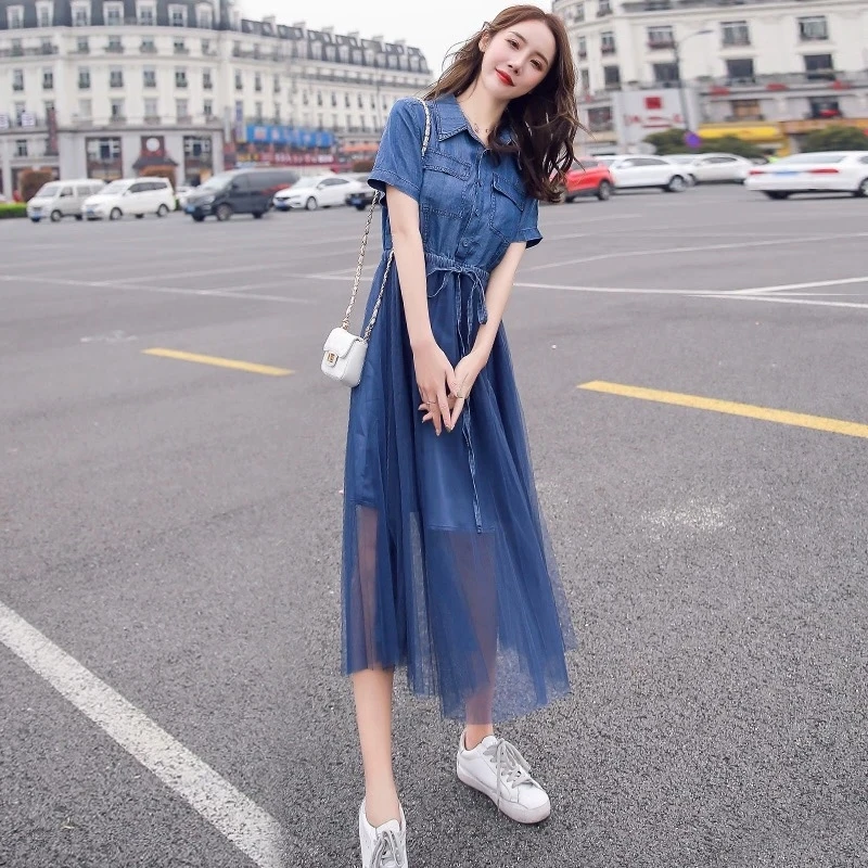 プラスサイズカジュアルデニム女性のためのエレガントなメッシュパッチワーク森ガール夏ブルーヴィンテージドレス妖精美しい服 ドレス Aliexpress