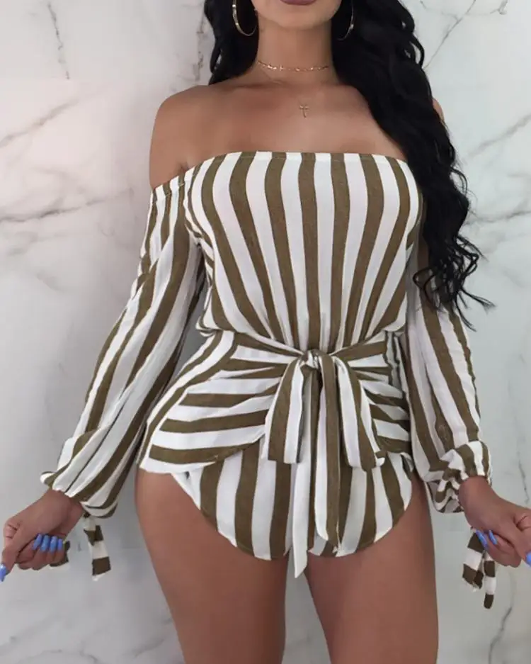 Сексуальный комбинезон с открытыми плечами в полоску с поясом Womem Rompers короткий цельный комбинезон