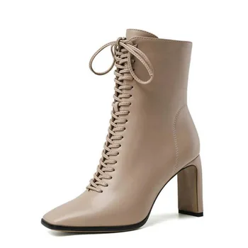 

High heel short boots women spring and autumn single boots square toe high heels thick heel boots strap handsome Martin boots