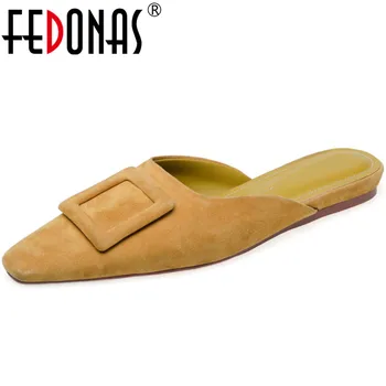 

FEDONAS Sweet Fashion Button Decoration Women Mules Suede Leather Low Heels Sandals Women Summer Autumn New Wedding Shoes Woman