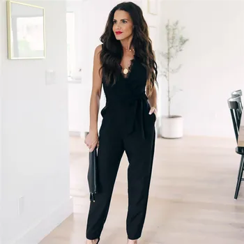 

office lady jumpsuit lace up women rompers sleeveless overalls sashes v-neck elegant romper black woman OL jumpsuits monos mujer