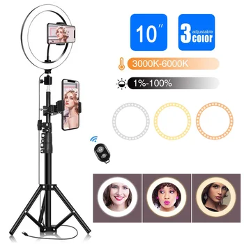 

10" LED Selfie Ring Light with 160cm Tripod USB Photographic Ring Lamp with Phone Holder for Makeup YouTube Live Studio