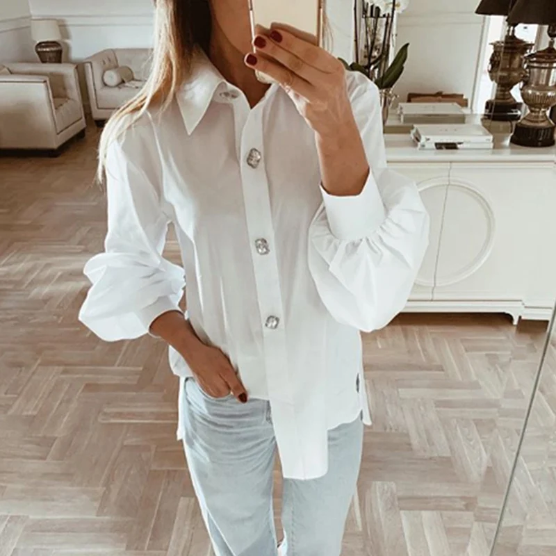 Женские блузки размера плюс,, белая рубашка с длинным рукавом и отворотом, офисные женские блузки, модная одежда, блузки, женские рубашки D30
