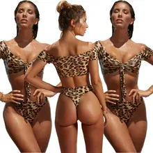 Сексуальный Леопардовый бюстгальтер с открытыми плечами, комплект бикини, купальники, стринги, Пляжная купальная одежда с высокой талией, стринги пуш-ап, с ремешками, праздничная одежда