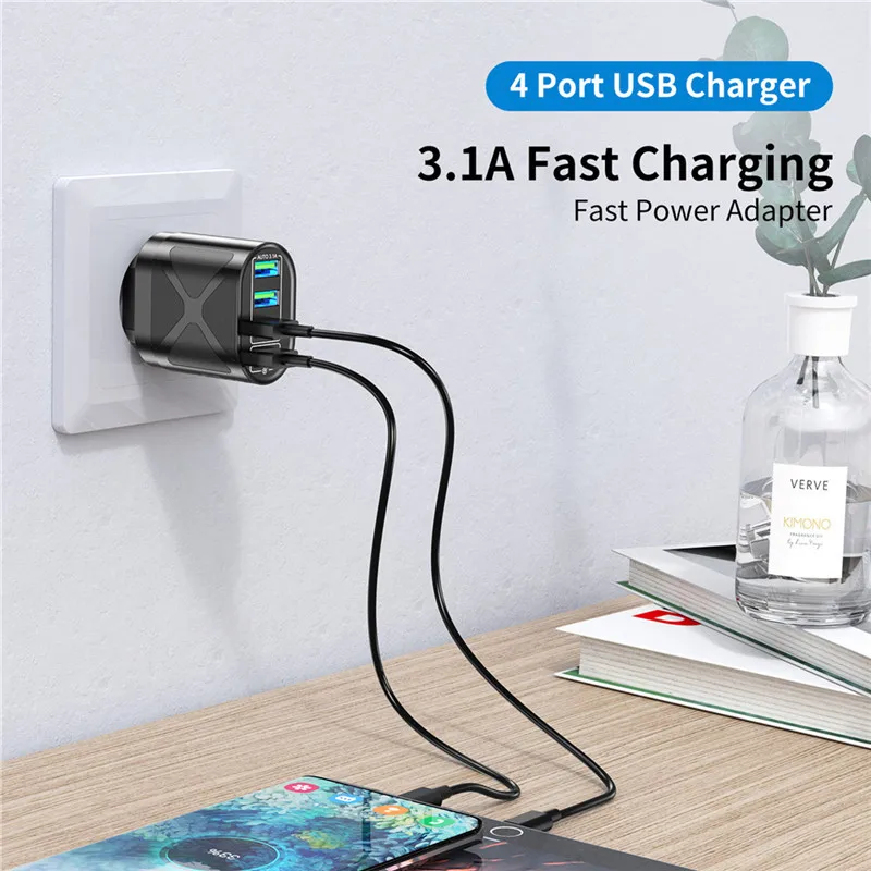 USLION 4 Port USB Charger Quick Charge QC 3.0 48W Wall Travel Phone Fast Charging For Samsung Xiaomi mi 13 EU US UK Plug Adapter