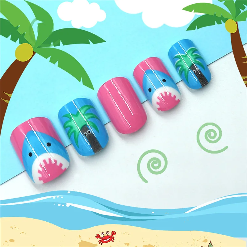 

Pre-glue False Nails in Box 24PCS Full Cover Press on Children Shark Fake Nails Safety for Kids Girl 5-20 Years DIY Manicure