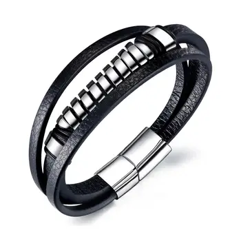 

Stainless Steel Handwork Multilayer Fashion Light Brand Leather Bracelet Black Simple Men's Leather Bracelet