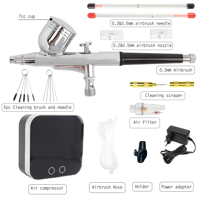 Onnfang 0,2/0,3/0,5 мм воздушный компрессор 2cc& 7cc сенсорная машина для нанесения хромированного покрытия воздушная щетка использование для тату роспись по телу инструмент для искусства ногтей набор распыляющих пистолетов - Цвет: 0.2-0.3-0.5mm 130