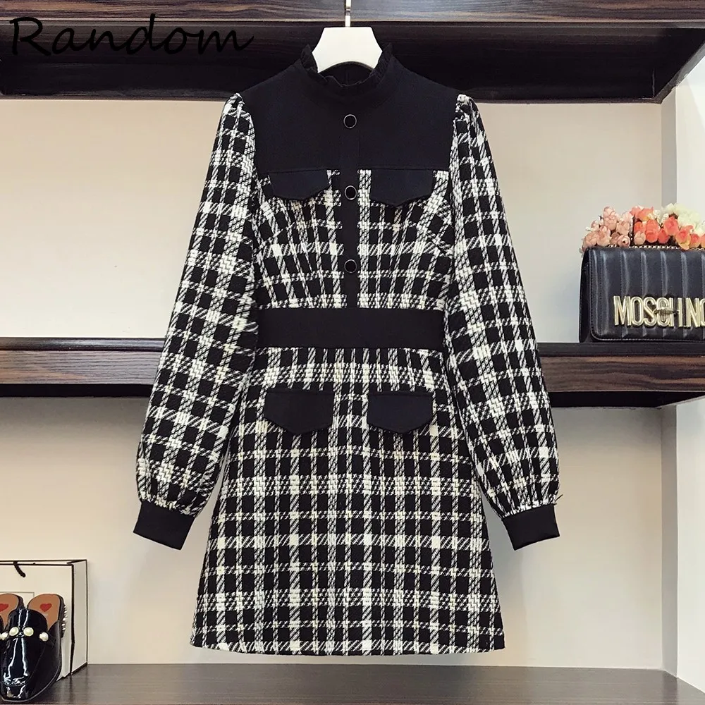 

Plus Size 4XL Elegant Woolen Plaid Knee Dress Long Sleeve Stand-up collar Office A Line Prom Party Dresses Woman Ladies Clothing