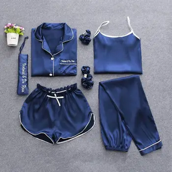 

Blue Solid Pajamas Sets Women Satin 7PCS Sleepwear Long Sleeve Sleep Set With Pants Silky Pyjamas Suit Female Casual Home Wear