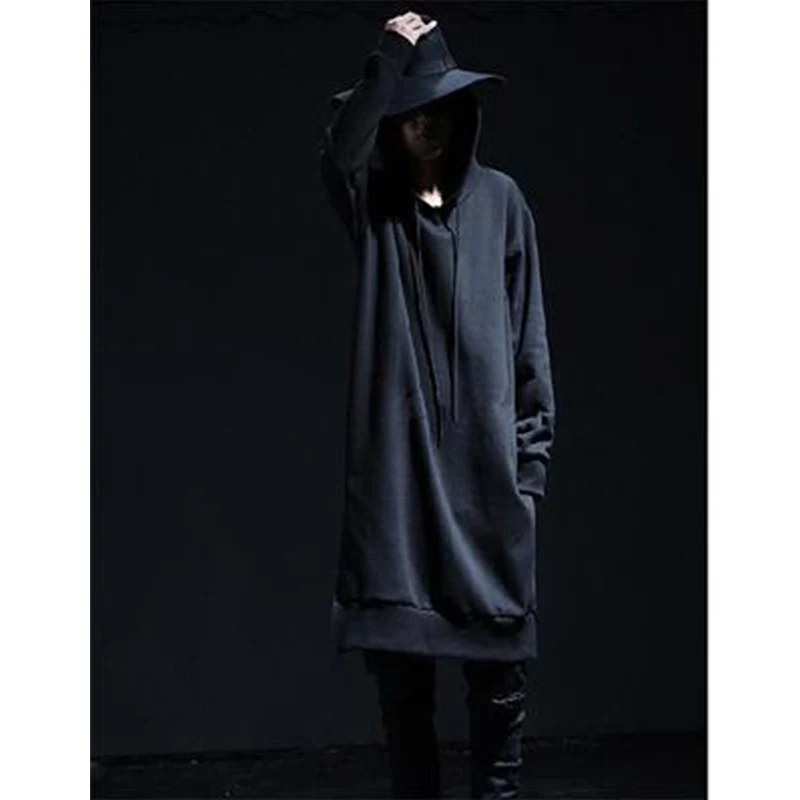 Men's outerwear winter coat long loose hooded sweatshirt with fleece men's heavy coat hip hop stage wear trend