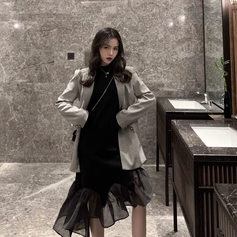 Elegant Hong Kong Style Retro Plaid Long Sleeve Suit Jacket Women's New Style Autumn Fashion Loose Leisure Suit Fashion