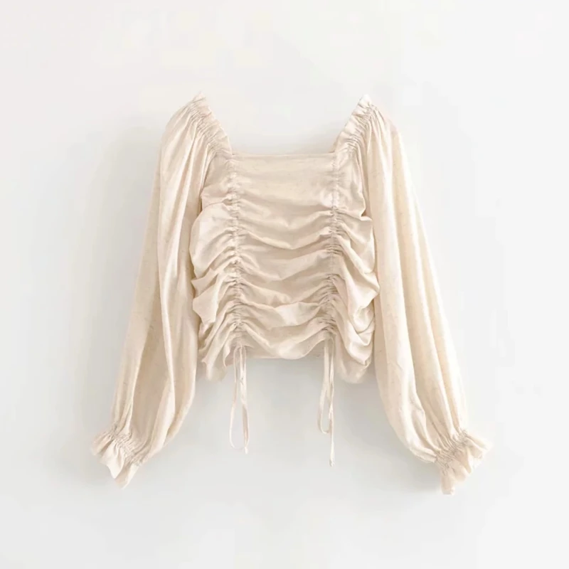 

Slash Neck Long Sleeve Smock Women Pleated Shirt Leisure Lady Solid Blouse 2019 Autumn Female Small Tops S6069