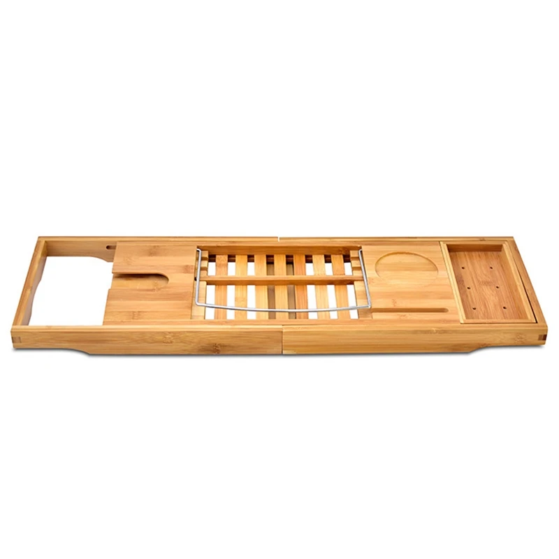 

Bamboo Bathtub Retractable Tray with Extended Side Reading Frame Tablet Holder Mobile Phone Tray and Wine Rack Holder Luxury Enj